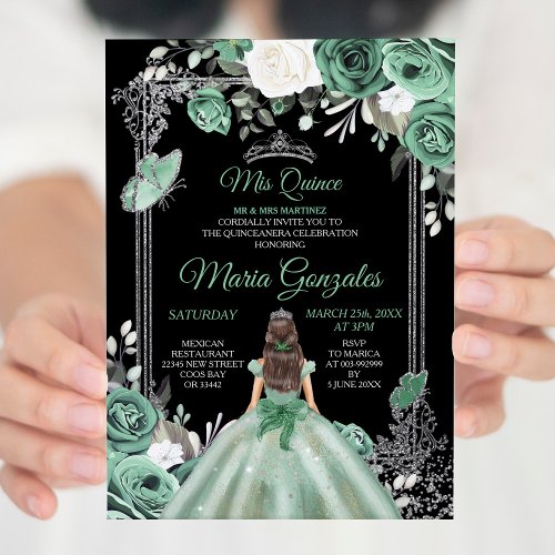 Mis Quince Dusty Green  Silver Floral Quinceanera Invitation