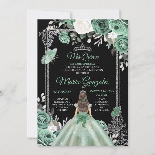 Mis Quince Dusty Green  Silver Floral Quinceanera Invitation