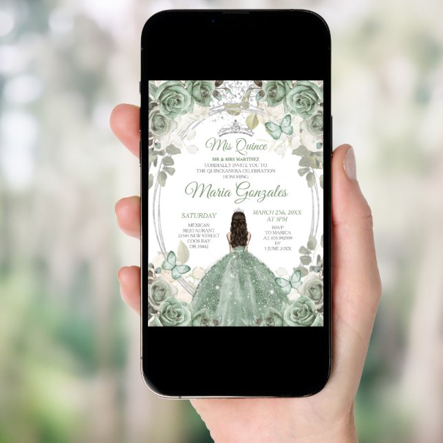 Mis Quince Dusty Green & Silver Floral Quinceañera Invitation (Front Digital)