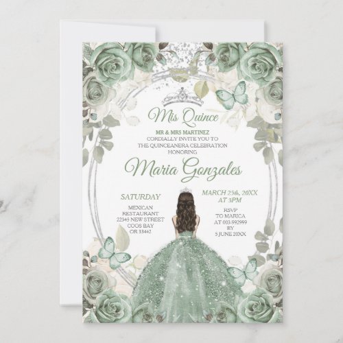 Mis Quince Dusty Green  Silver Floral Quinceaera Invitation
