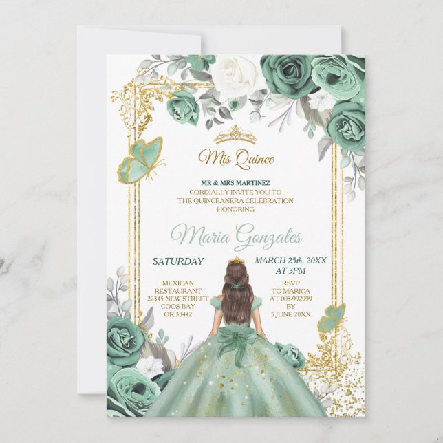 Mis Quince Dusty Green & White Birthday Invitation (Front)