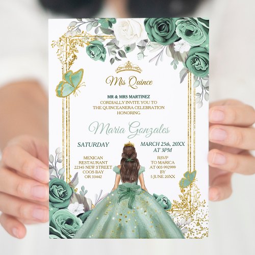 Mis Quince Dusty Green  White Birthday Invitation