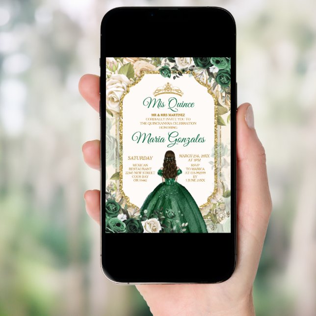 Mis Quince Emerald Green 15 Anos Gold Crown Invitation (Front Digital)