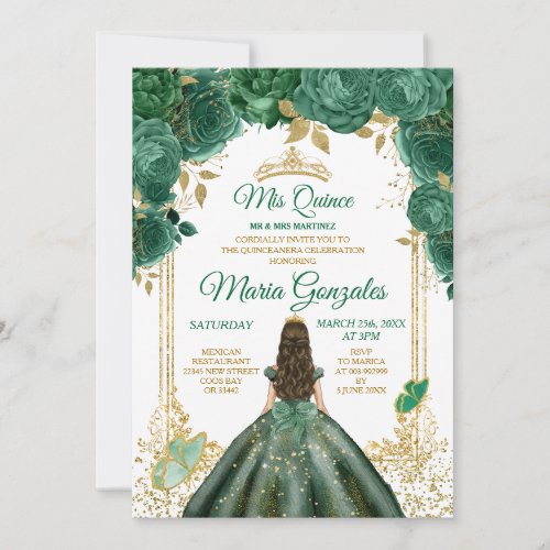 Mis Quince Emerald Green Butterfly Gold Crown Invitation