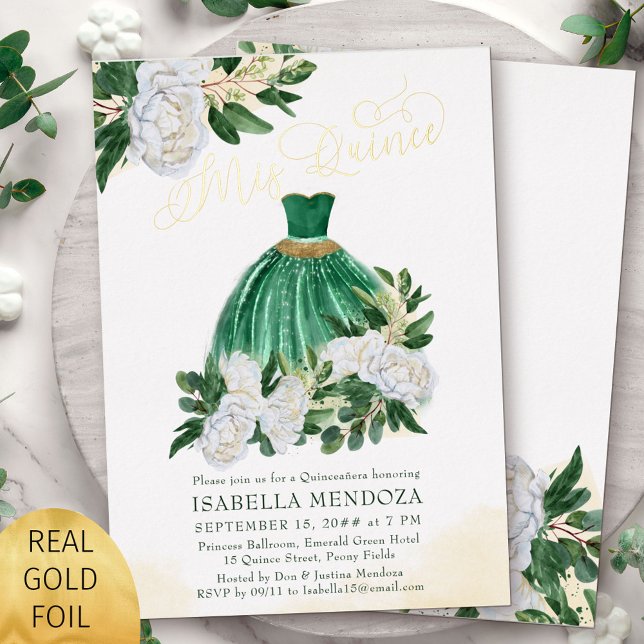 Mis Quince Emerald Green Princess Quinceanera Gold Foil Invitation (Gold foil Mis Quince invitation from my Emerald Greenery and White Peony Collection)