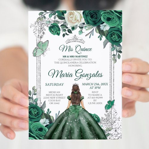 Mis Quince Emerald Green  White Birthday Invitation