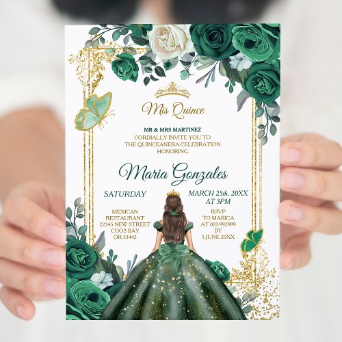 Mis Quince Emerald Green  White Birthday Invitation