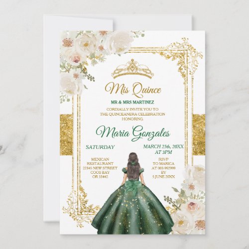 Mis Quince Emerald Green  White Floral Birthday Invitation