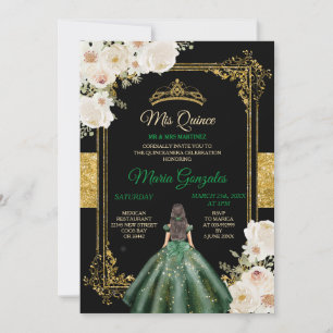 Mis Quince Emerald Green & White Floral Birthday Invitation