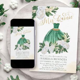 Mis Quince Emerald Green White Peony Quinceanera Invitation