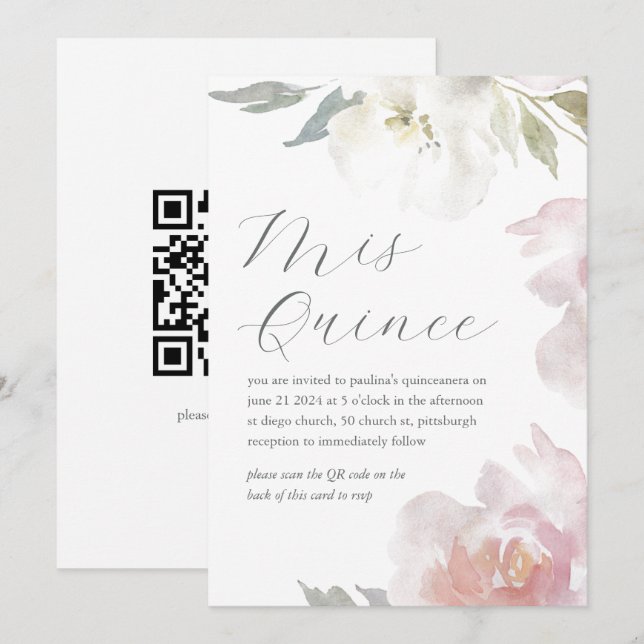 Mis Quince Floral Birthday Quinceañera QR Code Invitation (Front/Back)