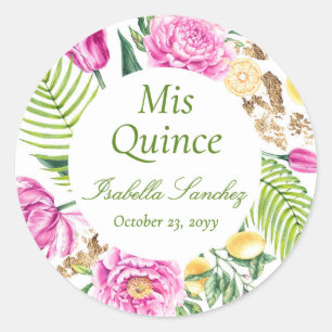Mis Quince Floral Pink Peonies Lemons Quinceañera Classic Round Sticker