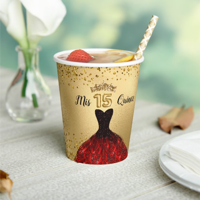 Mis Quince Gold Glitter Burgundy Dress Quinceanera Paper Cups (Insitu)