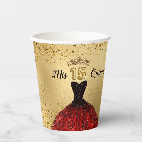 Mis Quince Gold Glitter Burgundy Dress Quinceanera Paper Cups