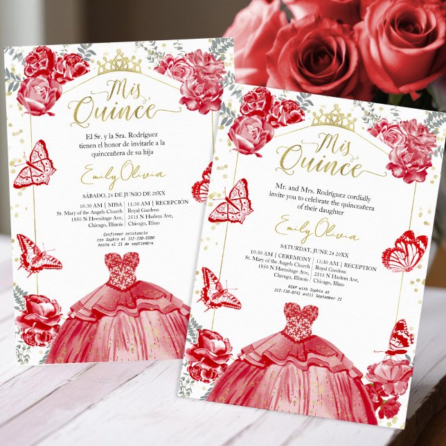 Mis Quince Invitation Bilingual Red Dress Floral (Creator Uploaded)