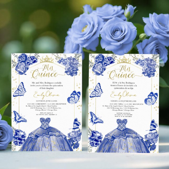 Mis Quince Invitation Bilingual Royal Blue Dress (Creator Uploaded)