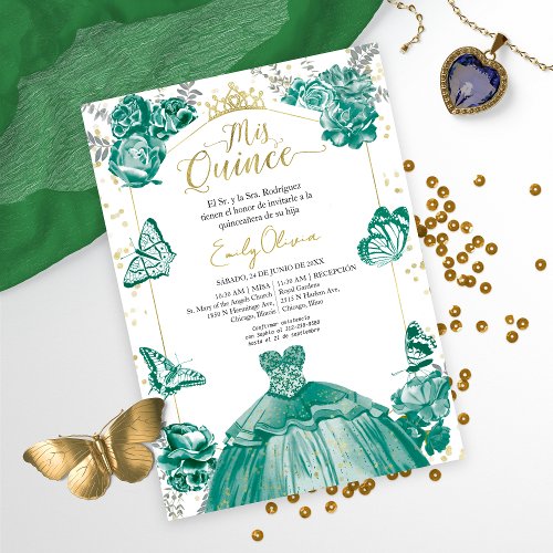 Mis Quince Invitation Spanish Emerald Green Dress