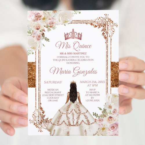 Mis Quince Ivory Cooper Floral Birthday Crown Invitation