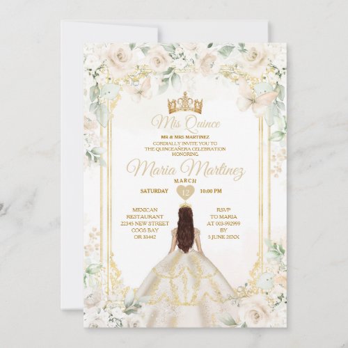 Mis Quince Ivory White Floral Princess Birthday Invitation