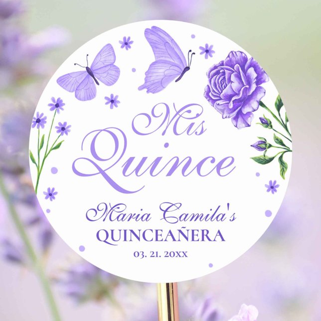 Mis Quince Lilac Purple Floral Quinceañera Classic Round Sticker (Mis Quince Lilac Purple Floral Quinceañera Classic Round Sticker)