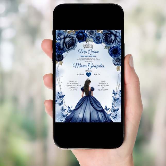 Mis Quince Navy Blue Floral Crown Quinceañera Invitation (Front Digital)