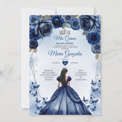 Mis Quince Navy Blue Floral Crown Quinceaera Invitation