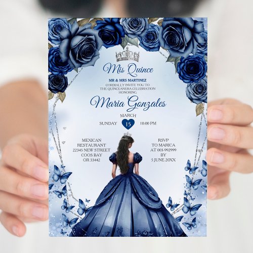 Mis Quince Navy Blue Floral Crown Quinceaera Invitation