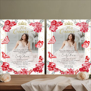 Mis Quince Photo Budget Invitation Bilingual Red