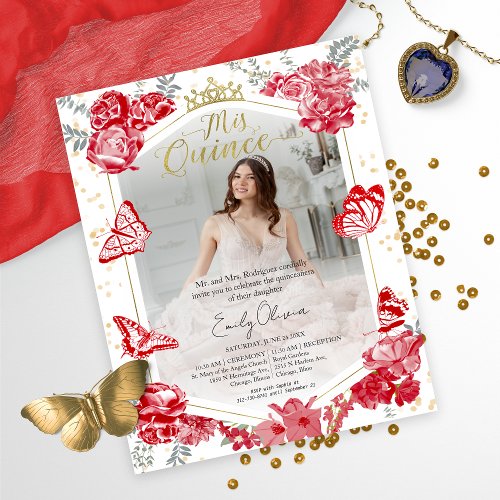 Mis Quince Photo Budget Invitation Red Floral