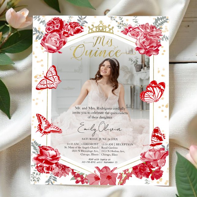 Mis Quince Photo Budget Invitation Red Floral (Creator Uploaded)