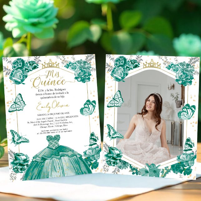 Mis Quince Photo Budget Invitation Spanish Green (Creator Uploaded)