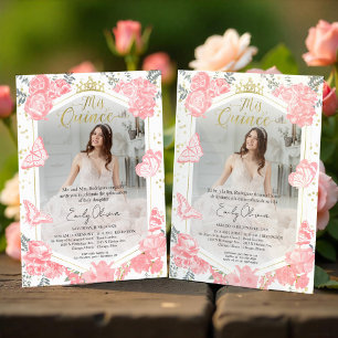 Mis Quince Photo Invitation Bilingual Pink Floral