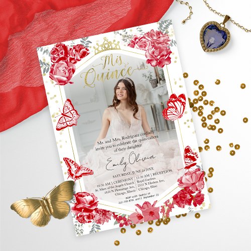 Mis Quince Photo Invitation Bilingual Red Floral