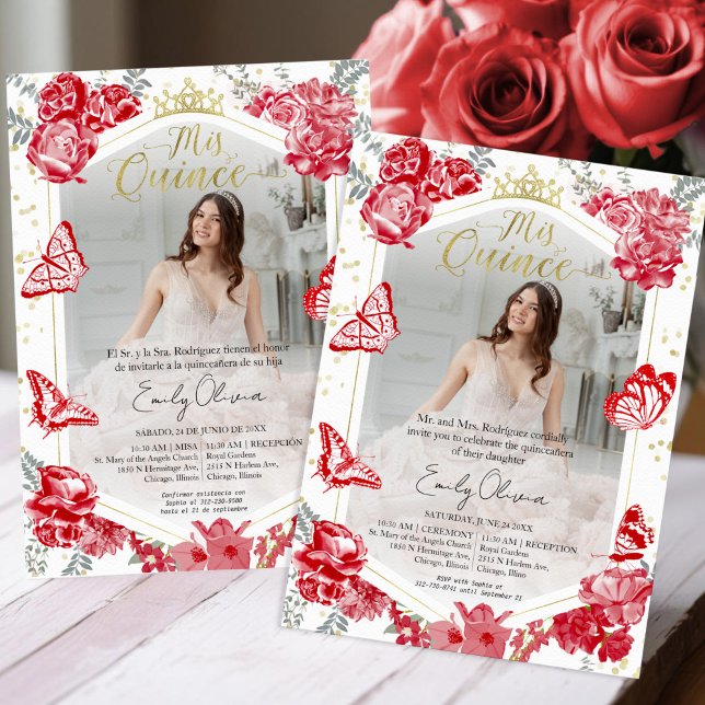 Mis Quince Photo Invitation Bilingual Red Floral (Creator Uploaded)