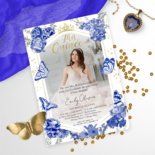 Mis Quince Photo Invitation Bilingual Royal Blue