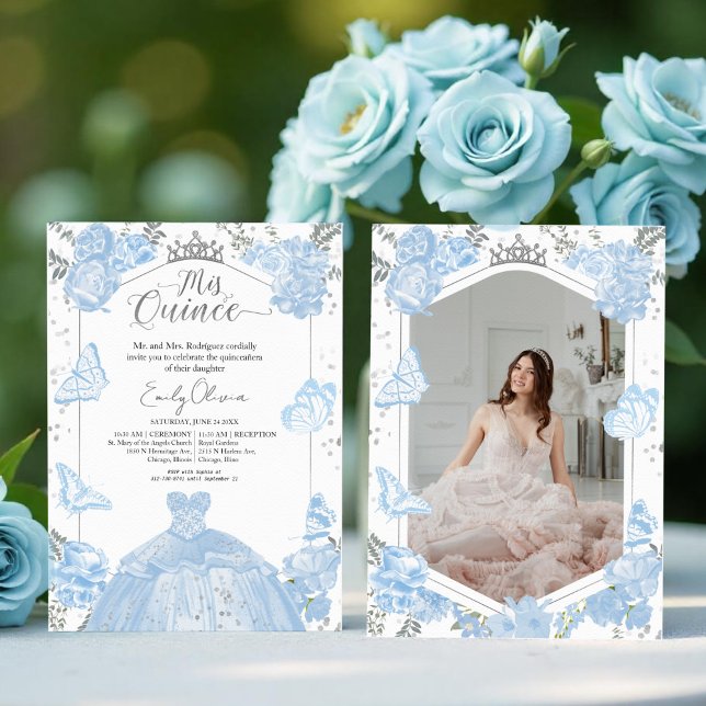 Mis Quince Photo Invitation Dusty Blue Dress (Creator Uploaded)