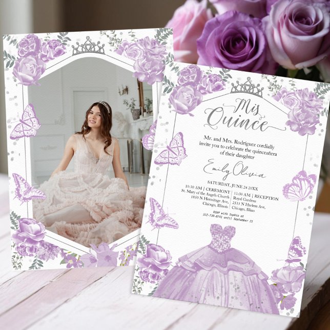 Mis Quince Photo Invitation Lavender Floral Silver (Creator Uploaded)