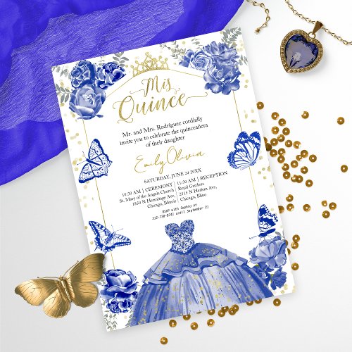 Mis Quince Photo Invitation Royal Blue Floral Gold