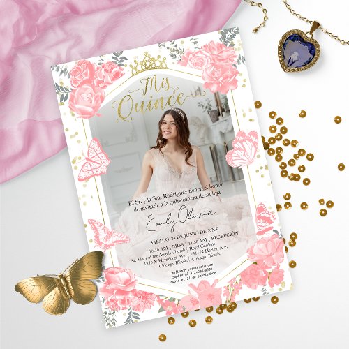 Mis Quince Photo Invitation Spanish Pink Floral