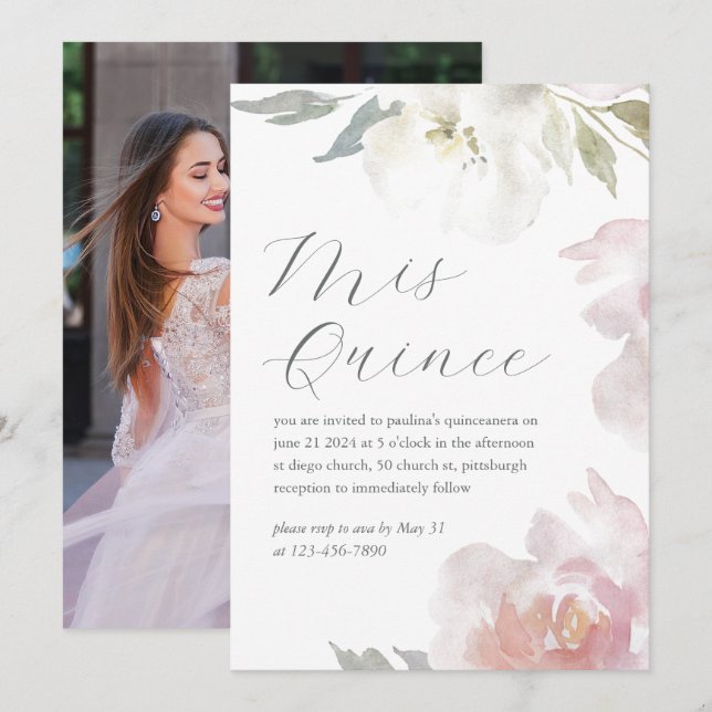 Mis Quince Pink Floral Birthday Quinceañera Photo Invitation (Front/Back)