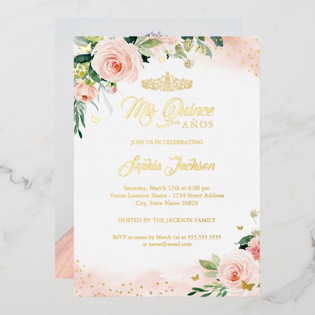 Mis Quince Pink Floral Photo Quinceanera Birthday Foil Invitation (Front/Back)