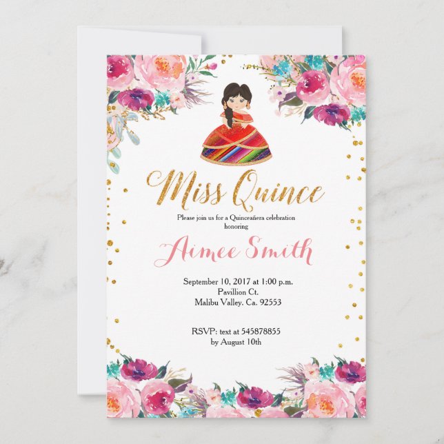 Mis Quince Pink Gold Floral invitation (Front)