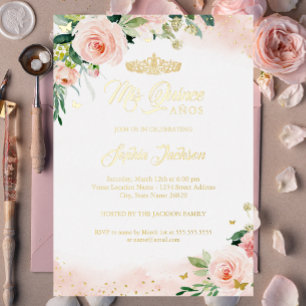 Mis Quince Pink Gold Floral Quinceanera Birthday   Foil Invitation