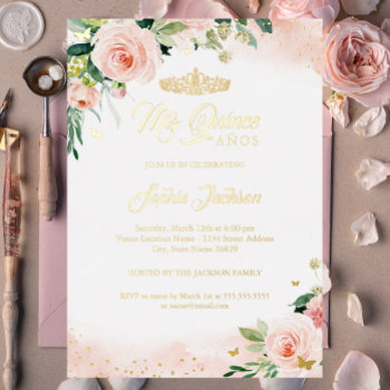 Mis Quince Pink Gold Floral Quinceanera Birthday   Foil Invitation by LittleBayleigh at Zazzle