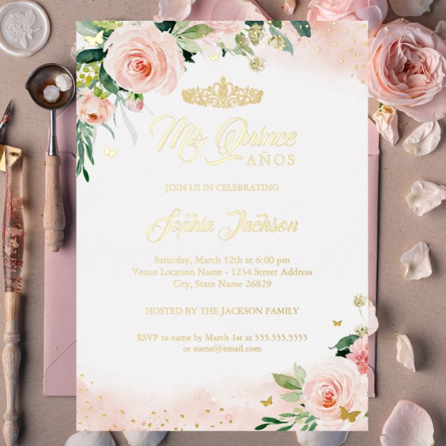 Mis Quince Pink Gold Floral Quinceanera Birthday   Foil Invitation (Creator Uploaded)