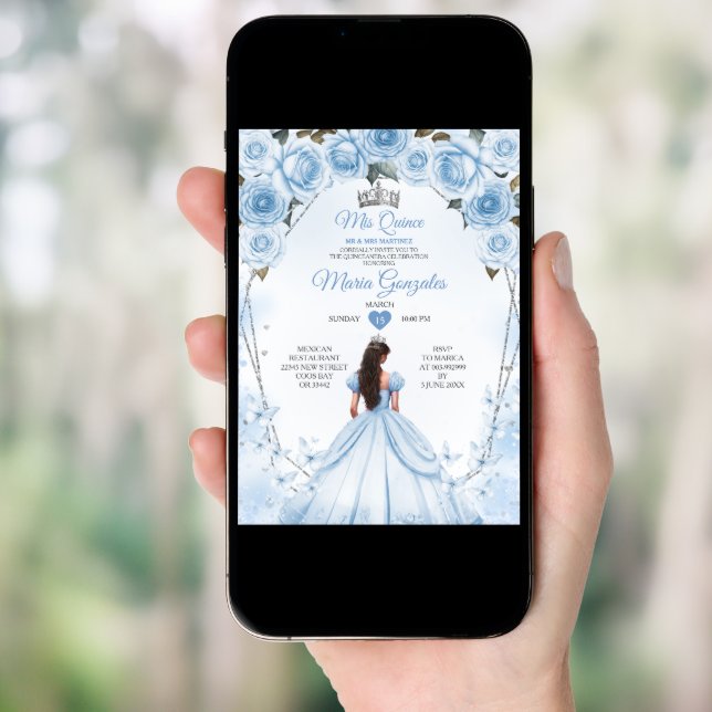 Mis Quince Powder Blue Floral Crown Quinceañera Invitation (Front Digital)