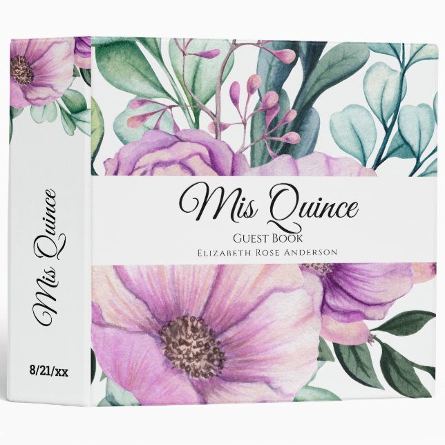 Mis QUINCE Purple Floral Quinceanera GUESTBOOK NEW 3 Ring Binder (Front/Spine)