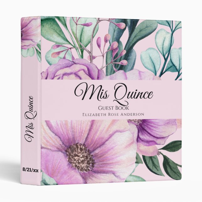 Mis QUINCE Purple Floral Quinceanera GUESTBOOK NEW 3 Ring Binder (Front/Spine)