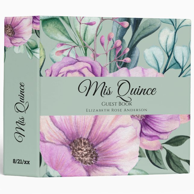 Mis QUINCE Purple Floral Quinceanera GUESTBOOK NEW 3 Ring Binder (Front/Spine)