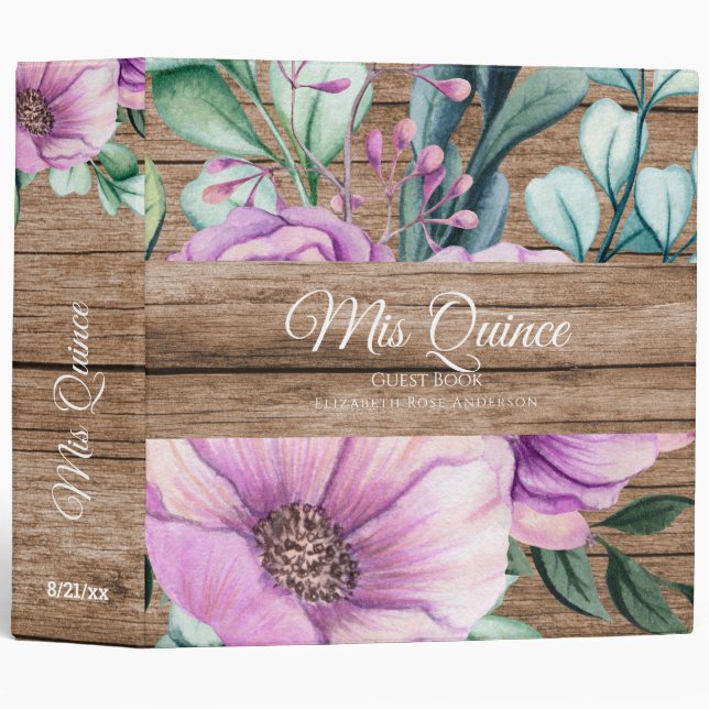 Mis QUINCE Purple Floral Quinceanera GUESTBOOK NEW 3 Ring Binder (Front/Spine)
